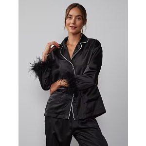 Long Sleeve Feather Trim Pajama Top