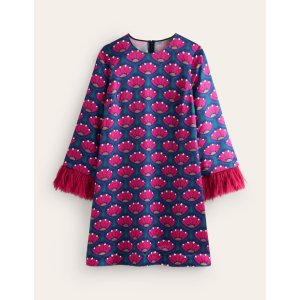 Boden Faux Feather Trim Short DressBright Pink, Lotus Stamp