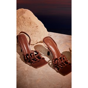 PrettyLittleThing Brown Wide Fit Pu Square Toe Knot Strap Detail High Heeled Sandals