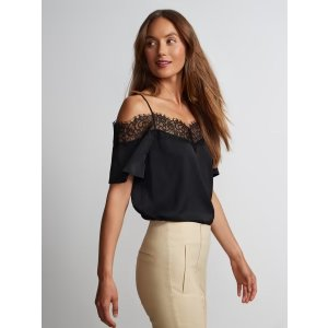 Short Sleeve Lace Trim Cold Shoulder Top