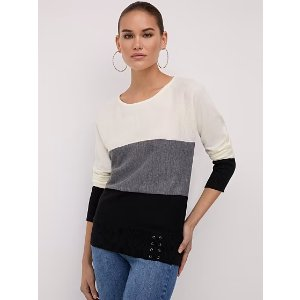 Colorblock Lace-Up Waist Dolman Sweater | New York & Company