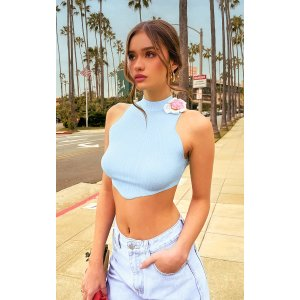 PrettyLittleThing Blue Soft Rib Knit Floral Applique Racer Neck Top