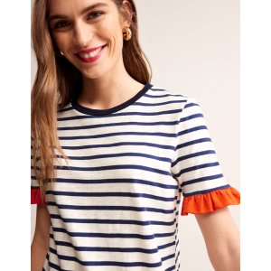 Boden Emily Ruffle Cotton DressIvory, Navy Stripe