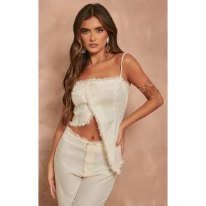 PrettyLittleThing Cream Textured Woven Raw Hem Button Through Asymmetric Hem Top