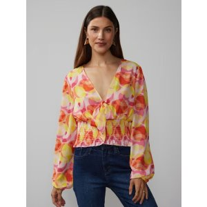 Long Sleeve Knot Front Smock Waist Top