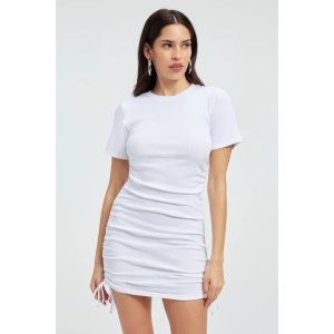Good American RUCHED COTTON RIB MINI DRESS | WHITE001 - GOOD AMERICAN