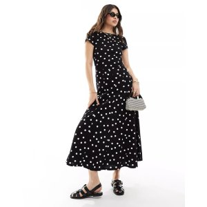 short sleeve low back maxi dress in monochrome polka dot