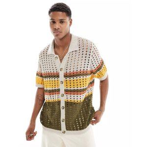 relaxed knitted pointelle button through stripe polo in stone