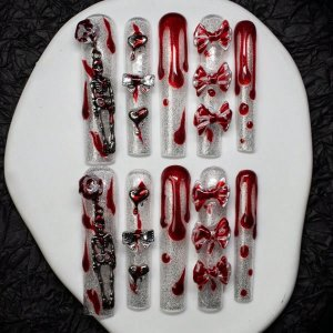SHEIN Super Long Rectangular Handmade Y2K Style Armor With Silver Glitter Pieces, Skulls, Metallic Hearts, Bows, Accessories And Blood Patterns. Purely Handmade Armor For Women And Girls, Suitable For Parties And Daily Wear. 10pcs, 3 Sizes, With Tool Kit.
