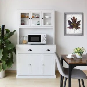 VEIKOUS Back Panel Perforated Kitchen Pantry Storage Cabinet with Microwave Stand and Adjustable Shelves - White