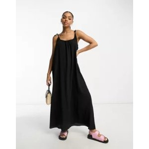 ASOS DESIGN tie strap detail trapeze maxi slip dress in black