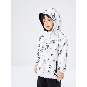 Balabala Young Boy Chinese character&Landscape Pattern Button Zipper Front Flap Pocket Thermal windproof Hooded Coat