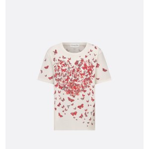 Dior T-Shirt White Cotton Jersey with Red Le Coeur des Papillons Motif