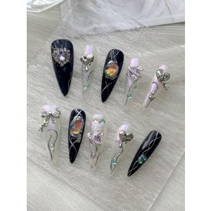 SHEIN 10pcs Almond Shape False Nails With Black And Butterfly Design, Comes With 1 Nail File, 1 Jelly Glue, Removable And Reusable, Suitable For Ladies And Girls Press On Nails Nail Supplies