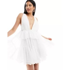 ASOS DESIGN plunge pleated tiered mini dress in white