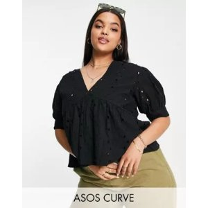 ASOS DESIGN Curve broderie smock top with peplum hem & puff sleeve in black