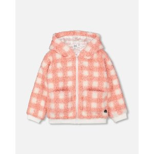 Sherpa Full Zip Hooded Jacket Salmon Pink Plaid