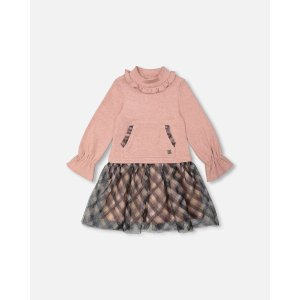 Bi-Material Mock Neck Dress With Long Puffy Sleeves Pink Stylish Plaid