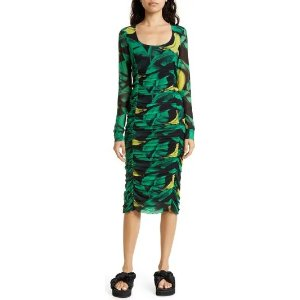 Ganni Ruched Scoop Neck Long Sleeve Stretch Recycled Polyamide Midi Dress