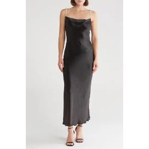 Bebe Imitation Pearl Strap Hammered Satin Maxi Slipdress