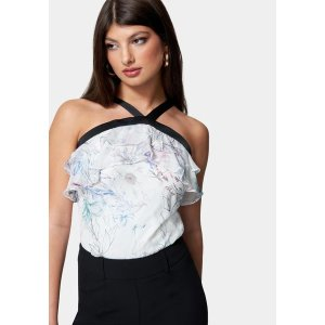 Bebe Contrast Halter Printed Ruffle Woven Top