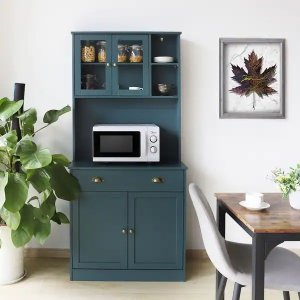 VEIKOUS 72'' Back Panel Perforated Glass Door Kitchen Storage Cabinet with Microwave Stand - Blue