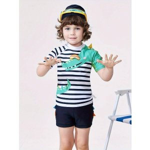 Balabala Boys Summer Stripe Cute Cartoon Dinosaur Pattern Short Sleeves And Shorts Kids Two-Piece Swimsuit | SHEIN USA