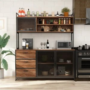 59"W 68.5"H Kitchen Pantry Microwave Storage Cabinet Buffet with Hutch - Dark Brown