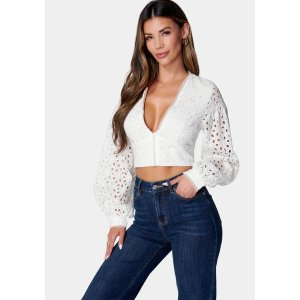 Balloon Sleeve Button Front Eyelet Blouse