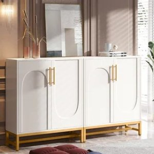 Sideboard Buffet Cabinet, White Gold Buffets with 4 Doors, Side Storage Cabinet