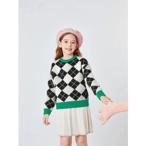 Balabala Tween Girl Argyle Pattern Drop Shoulder Sweater