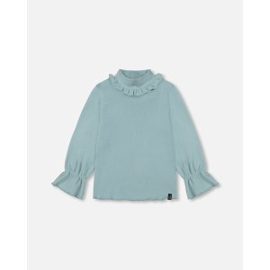 Super Soft Brushed Rib Mock Neck Top With Frills Mint