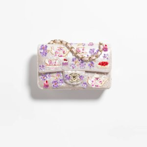 Chanel Mini Classic Handbag Embroidered Satin, Sequins, Glass Beads, Strass & Gold-Tone Metal White, Pink, Purple & Red