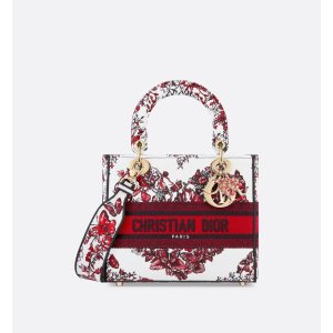 Dior Medium Lady D-Lite Bag White and Red Le Coeur des Papillons Embroidery
