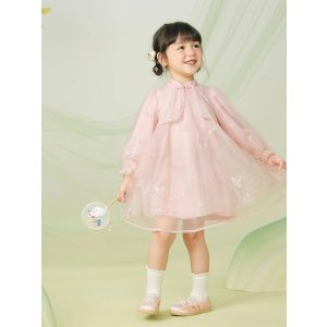 Balabala Balabala Girls' Spring And Autumn Retro Elegant Floral Embroidered Mesh Overlay Ruffle Sleeve Kids Dress Pink | SHEIN USA
