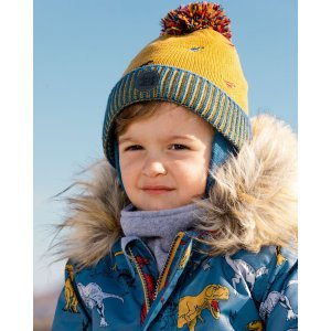 Knit Earflap Hat Yellow With Dino