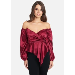 Bebe Asymmetrical Peplum Hammered Satin Blouse