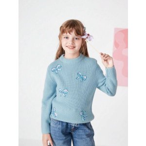 Balabala Tween Girl Crewneck Sequins Bow Pattern Soft Thermal Sweater Suitable For Winter | SHEIN USA