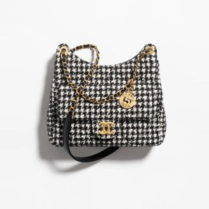 Chanel Hobo Handbag Cotton Tweed & Gold-Tone Metal Black & White