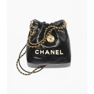 Chanel 22 Mini Handbag Calfskin, Gold-Tone & Lacquered Metal Black