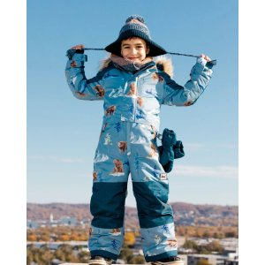 One Piece Snowsuit Blue With Bear Print