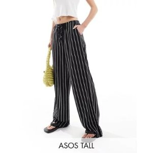 ASOS DESIGN Tall wide leg pull on pants with linen in black stripe