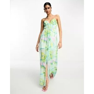 ASOS DESIGN cami mesh maxi dress with sash in blue smudge floral print