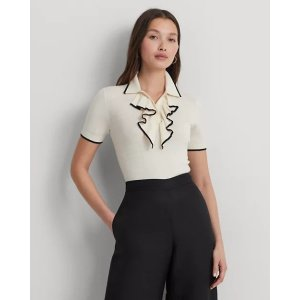Ralph Lauren Two-Tone Ruffle-Trim Polo Sweater