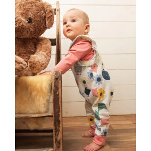 Long Sleeve Organic Cotton Top And French Terry Overalls Set Oatmeal Flowery Cats Print