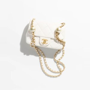 Chanel Mini Flap Bag Lambskin, Imitation Pearls & Gold-Tone Metal White
