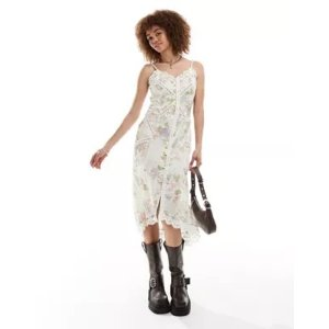 Reclaimed Vintage button front slip dress with lace in floral print