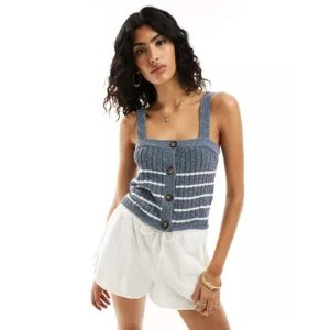 knitted cami top with button through in blue stripe