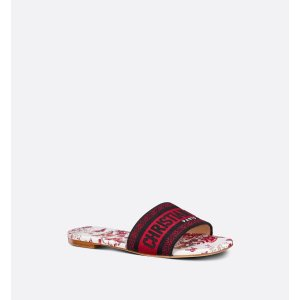 Dior Dway Slide White and Red Embroidered Cotton with Le Coeur des Papillons Motif