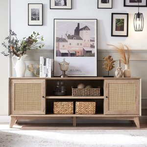 Linets TV Stand for 75+ Inch TV with Natural Rattan Door, Large Media Console with Adjustable Shelf